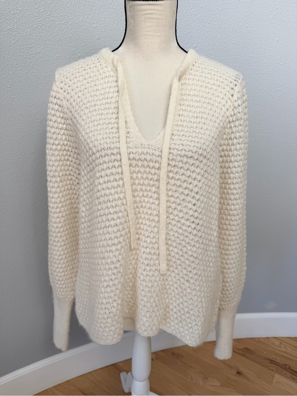 Ulla Johnson Lara Baby Alpaca Blend V-Neck Tie Honeycomb Open Knit Sweater XL